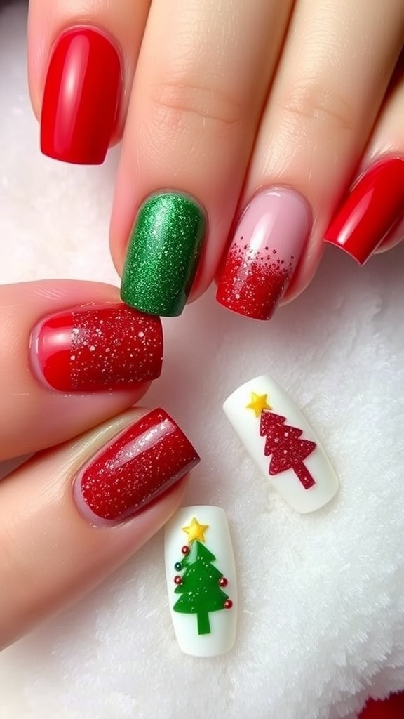 A variety of Christmas-themed nail designs in red and green colors, including stripes and glitter.